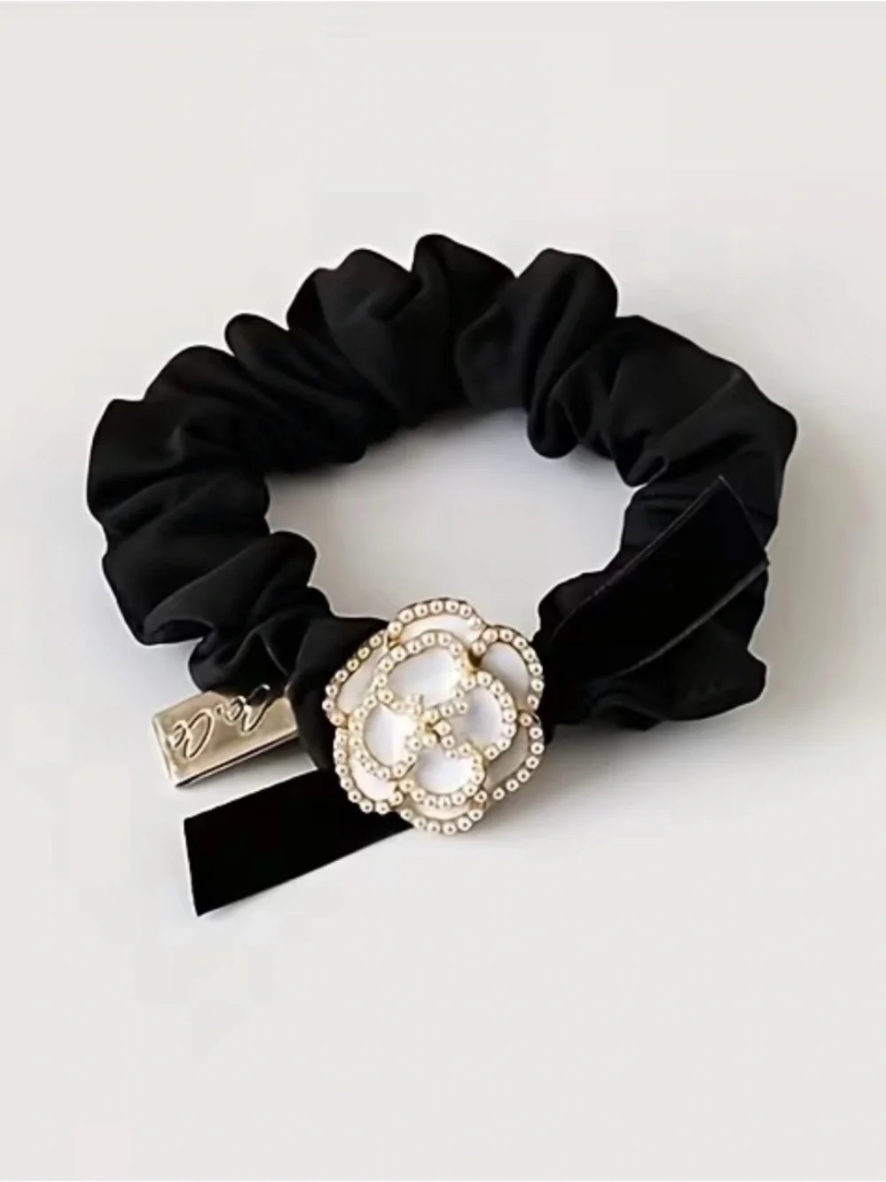 Camellia White Flower Satin Scrunchie with Pearl-Embellished Charm